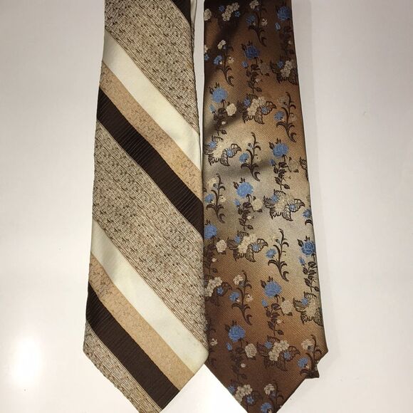 2 Vintage Men’s Neck Ties Retro Business Office Casual Tan Stripe & Brown Floral - Picture 11 of 11